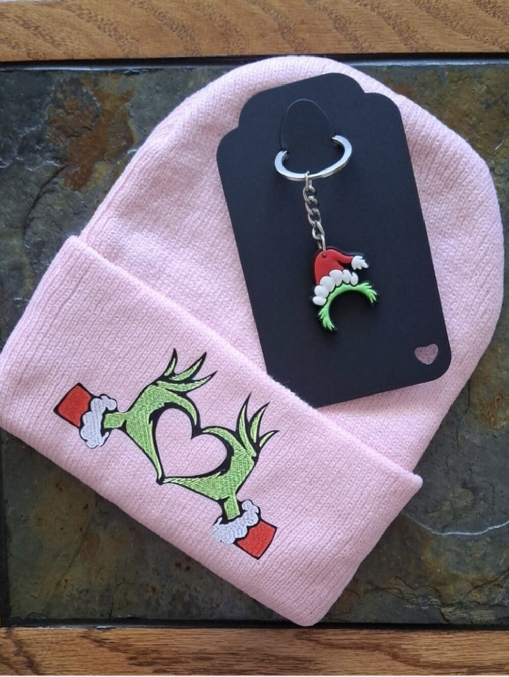 Pink Grinch Heart Design Beanie & Keychain/Bag Charm